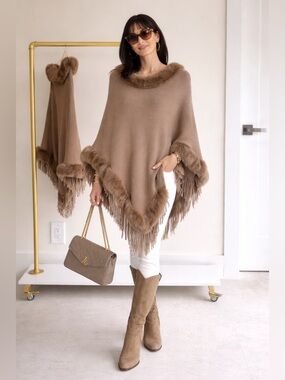 Brown Faux-Fur Trim Poncho Coat